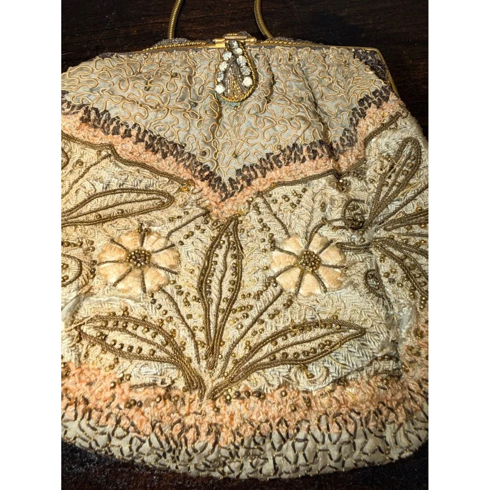 Vintage Gold Soutache Beaded Floral Evening Bag Rhinestone Clasp Snake Chain